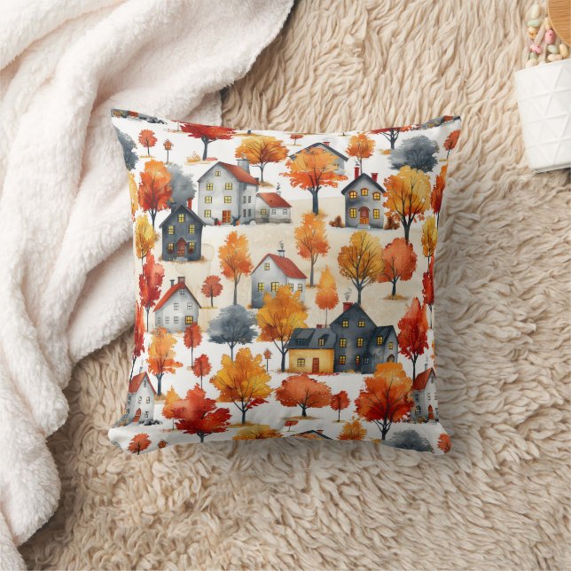 Cojín Decorativo Patrón de aldea de bosques de acuarela rústica (Manta)