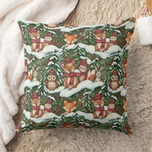 Cojín Decorativo Patrón de amigos del bosque invernal verde bosque