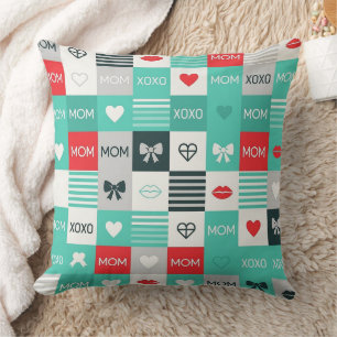 Cojín Decorativo Patrón de amor de mamá Pop Art con corazones y laz