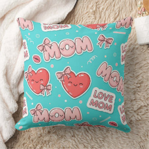 Cojín Decorativo Patrón de amor de mamá Pop Art en turquesa