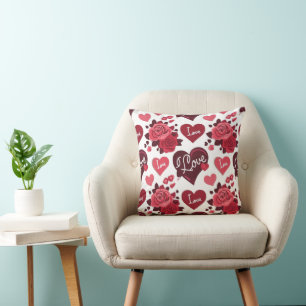 Cojín Decorativo Patrón de Amor Romántico con Corazones y Rosas