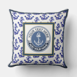 Cojín Decorativo Patrón de ancla náutica con monograma y azul blanc