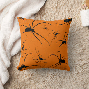 Cojín Decorativo Patrón de arañas de Halloween naranjas, Araña negr
