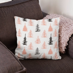 Cojín Decorativo Patrón de árbol de navidad negro rosado ruso