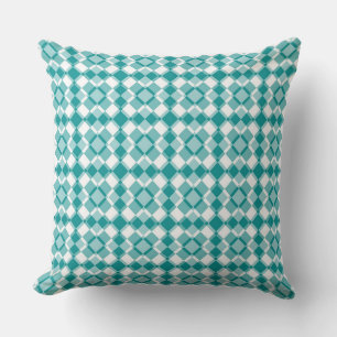 Cojín Decorativo Patrón de Argyle de cuadros blancos y turquesa