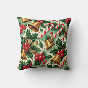 Cojín Decorativo patrón de arte de campanas de Navidad acebo baston