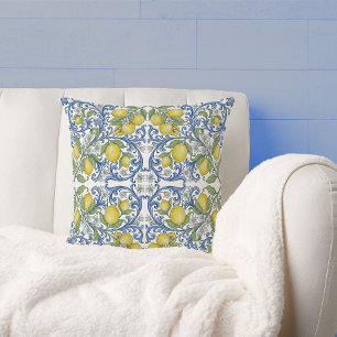 Cojín Decorativo Patrón de azulejos italianos con pergaminos azules