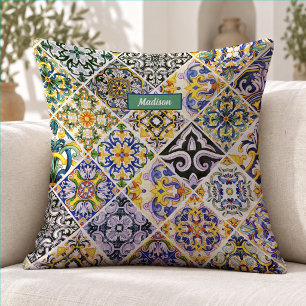 Cojín Decorativo Patrón de azulejos siciliano mediterráneo verde ch