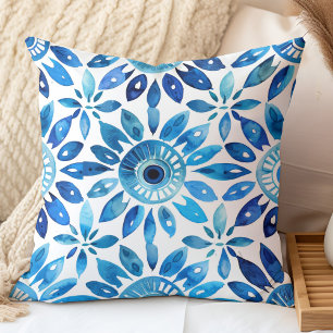 Cojín Decorativo Patrón de Baldosa Azul Acuarela Mediterránea