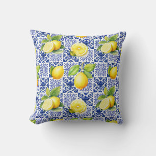 Cojín Decorativo Patrón de Baldosa de Limón Azul Blanco Mediterráne