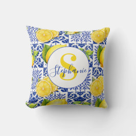 Cojín Decorativo Patrón de Baldosa de Limón Blanco Azul Monograma N