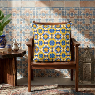 Cojín Decorativo Patrón de Baldosa Marroquí Azul Amarillo Mediterrá