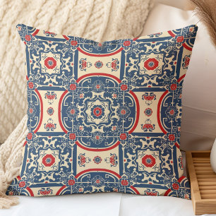 Cojín Decorativo Patrón de baldosas chinoiserie rojas y azules