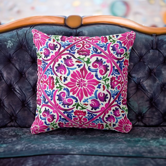 Cojín Decorativo Patrón de baldosas mexicanas azul rosa magenta bri (Bright magenta pink blue Mexican tiles pattern Throw Pillow)