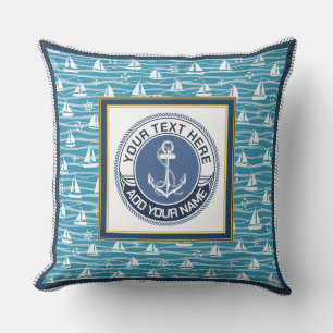 Cojín Decorativo Patrón de barco de vela náutico y emblema de ancla