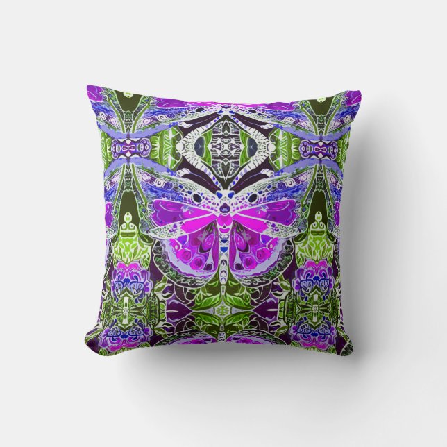 Cojín Decorativo Patrón de batik de mariposa y medallón en violeta (Anverso)