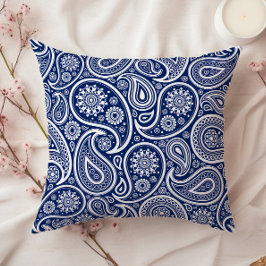 Cojín Decorativo Patrón de cachemira vintage blanco sobre azul