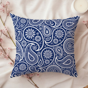 Cojín Decorativo Patrón de cachemira vintage blanco sobre azul
