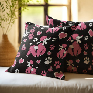Cojín Decorativo Patrón de Caniches Rosas y Huellas de Patas