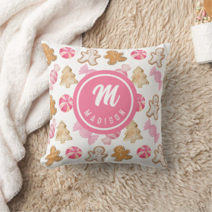 Cojín Decorativo Patrón de caramelo de jengibre con monograma inici