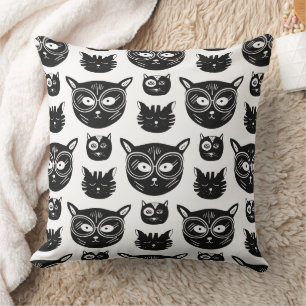 Cojín Decorativo Patrón de caras de gato en blanco y negro lindas