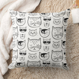 Cojín Decorativo Patrón de caras de gato en blanco y negro lindas