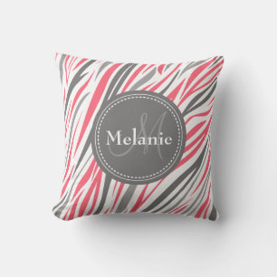 Cojín Decorativo Patrón de cebra rosa y gris monogramado