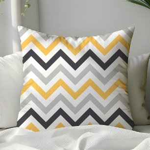 Cojín Decorativo Patrón de Chevron en Zigzag Negro Amarillo y Gris