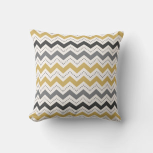 Cojín Decorativo patrón de chevron y puntos gris y dorado