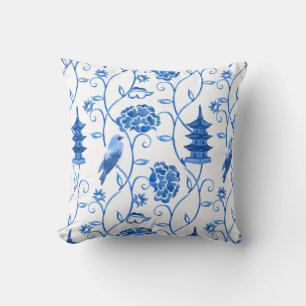 Cojín Decorativo Patrón de Chinoiserie Pagoda Floral Acuarela Azul