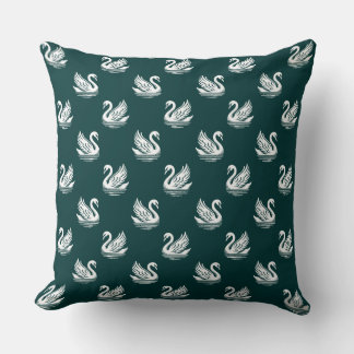 Cojín Decorativo Patrón de cisne 02 - Blanco sobre verde oscuro