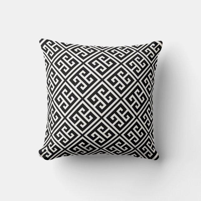 Cojín Decorativo Patrón de claves griegas en blanco y negro (Anverso)