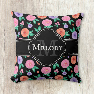 Cojín Decorativo Patrón de color de agua rosa/púrpura en negro