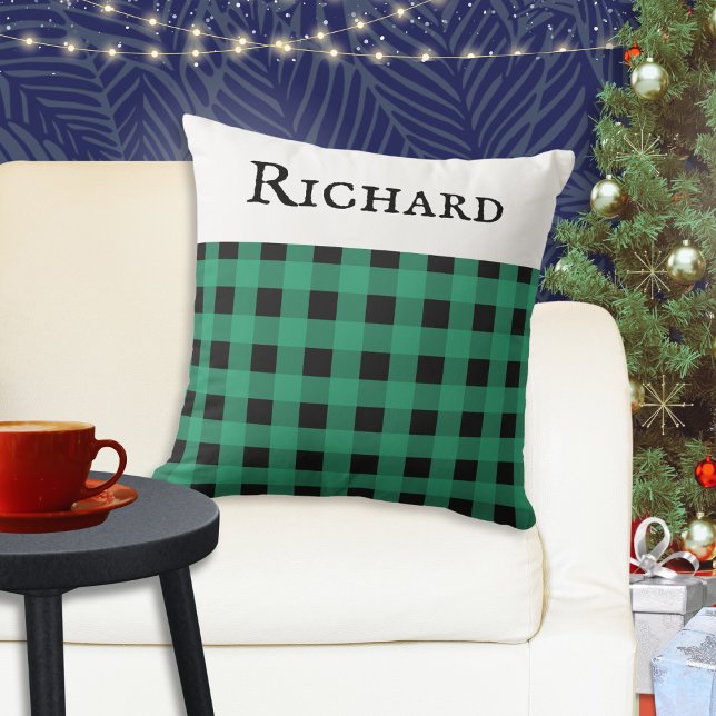Cojín Decorativo Patrón de comprobación de la placa de búfalo verde (A personalized throw pillow cushion, with green buffalo check plaid pattern. Ideal Xmas gift.)