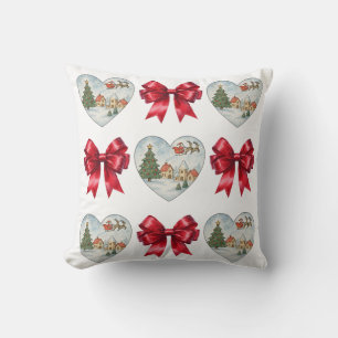Cojín Decorativo Patrón de Corazón y Lazos de Coqueta de Navidad