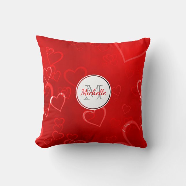 Cojín Decorativo Patrón de corazones rojos monogramados (Anverso)