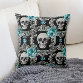 Cojín Decorativo Patrón de cráneo Floral azul