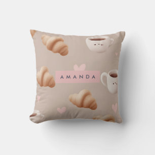 Cojín Decorativo Patrón de croissant y café acogedor personalizado