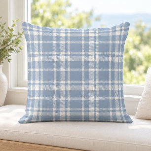 Cojín Decorativo Patrón de Cuadro Escocés Azul Polvoriento Blanco