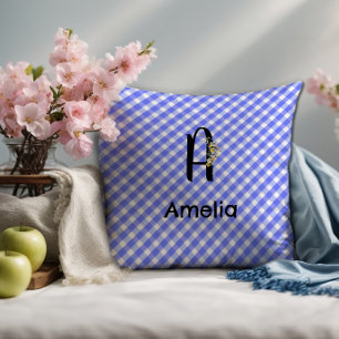 Cojín Decorativo Patrón de cuadros azul de flores de acuarela con m
