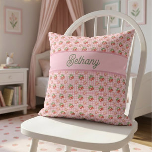 Cojín Decorativo Patrón de Cuadros de Gingham Rosa Fresa