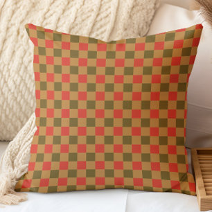 Cojín Decorativo Patrón de cuadros de otoño marrón rojo dorado amar