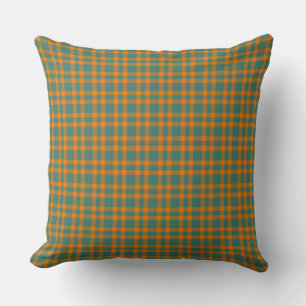 Cojín Decorativo Patrón de Cuadros Naranja Verde Azulado