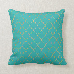Cojín Decorativo Patrón de cuatro hojas en verde azulado y dorado