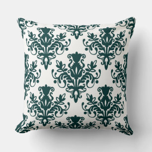 Cojín Decorativo Patrón de Damasco 02 - Verde Musgo Oscuro sobre Bl