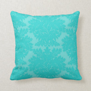 Cojín Decorativo patrón de damasco azul aqua ornamentado y en negri