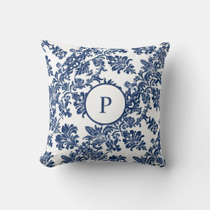 Cojín Decorativo Patrón de Damasco Azul de la Marina clásica