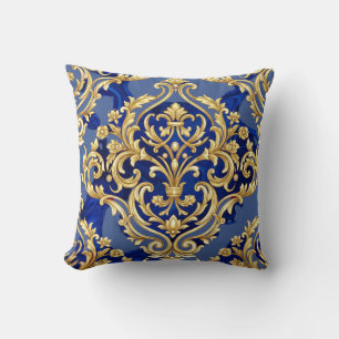 Cojín Decorativo Patrón de damasco barroco azul real y dorado