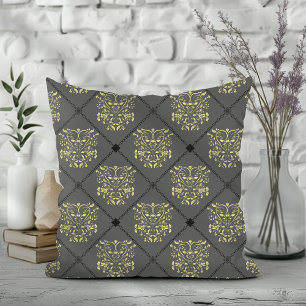 Cojín Decorativo Patrón de Damasco de Diamantes Gris Oscuro