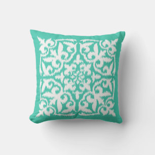 Cojín Decorativo Patrón de damasco de Ikat - azul y blanco de pavo 